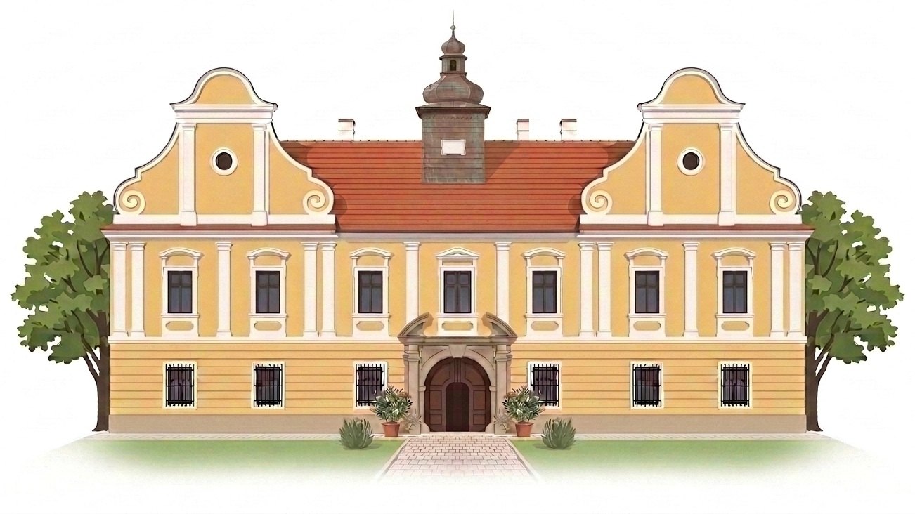 Zámek v Pršticích — barokní budova se žlutou fasádou, dvěma volutovými štíty a měděnou věžičkou s cibulovitou bání na střeše.